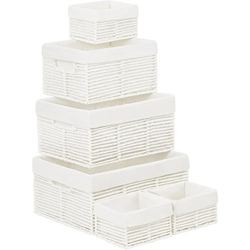 Vagusicc Wicker Storage Basket, 6 Pack Baskets for Organizing, Wicker Baskets with Handle, Rectangular Wicker Baskets for Storage Shelves, Cube Storage Bins for Closet/Clothes/Dresser, White