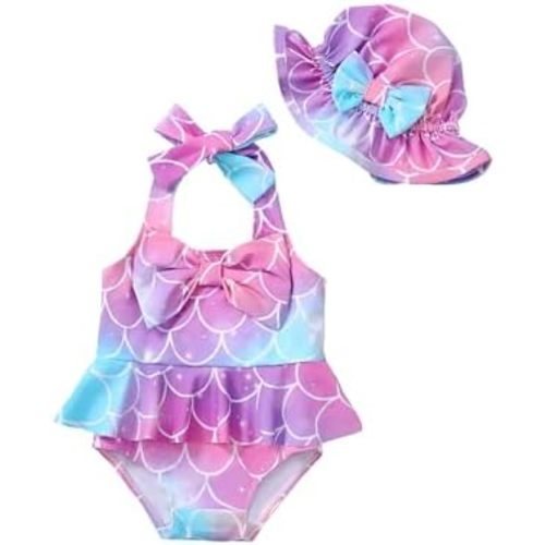 Kucnuzki Baby Girl Swimsuit Newborn One Piece Bathing Suit Bow Tie Bikini Tankini Infant Swimwear with Hat