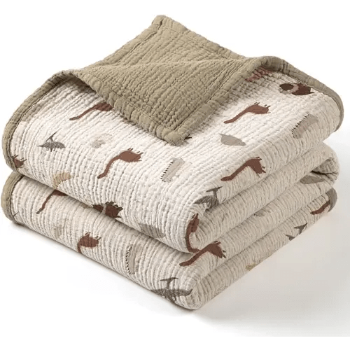 lulumoon Muslin Baby Blanket for Boy- Cotton Quilt Blankets for Toddlers - Reversible Crib Blanket for Nursery Daycare 47"x47"(Olive Dinosaur)