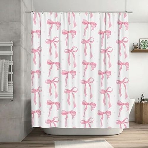 Haukea Cute Shower Curtain Pink Bow Fabric Shower Curtains for Bathroom Modern Aesthetic Cloth Shower Curtain Set with Hooks 72x72 Inch, Pink Bow