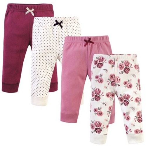 Hudson Baby Infant and Toddler Girl Cotton Pants 4pk, Rose, 6-9 Months