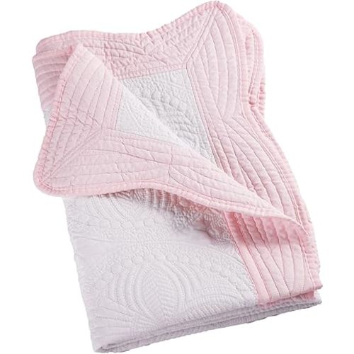 Lightweight Baby Quilt Neutral Durable, Personlized Baby Blankets Monogram Embossed, Four Seasons Cotton Quilted Blanket Toddler Quilt for Boys and Girls 36x46 Inches White (White & Pink)