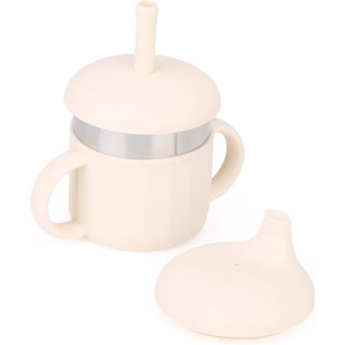 Baby Sippy Cup, Silicone Training Stainless Steel Kid Cups, Break Resistant Straw Lid Cup for Infants 6-12 Month Toddlers and 1-3 Year Kids, 7.4 Oz Water Drinking Cup (Beige, 1pc)