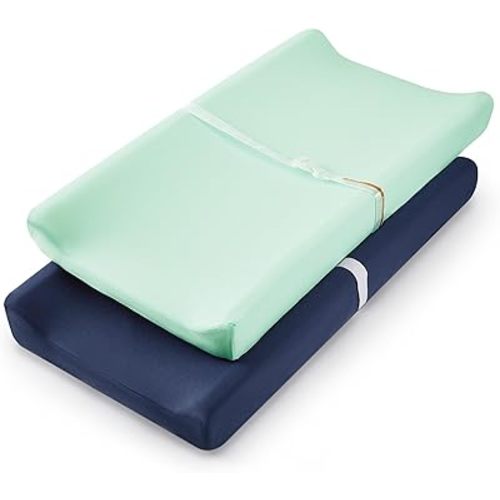TILLYOU Changing Pad Cover Set in Soft Jersey Material - Fits 32"/34''x16 Contoured Pad for Babies, Navy Blue & Lt Green