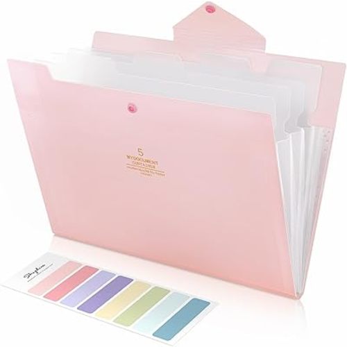 SKYDUE Accordion File Organizer, File Folders with 5 Pockets, Portable Document Organizer, Pink School Office Supplies