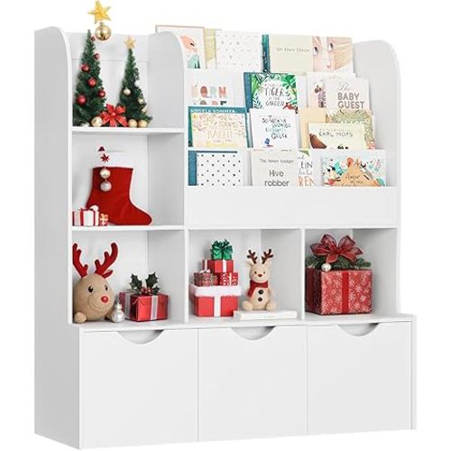FOTOSOK 47'' Kids Bookcase and Bookshelf, Multifunctional Bookcase with 5 Storage Cubbies and 3 Movable Drawers, Bookcase Display Stand, Toy Storage Organizer for Bedroom, Playroom, Hallway, White