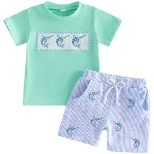 Bagilaanoe 2PCS Summer Outfit Toddler Baby Boy Sailboat/Helicopter/Fish Short Sleeve T-Shirt Plaid Shorts Set