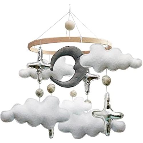 Handmade Felt Crib Mobile for Baby – Moon, Cloud, and Star Nursery Decor Sensory-Enhancing Baby Mobile for Cribs and Bassinets