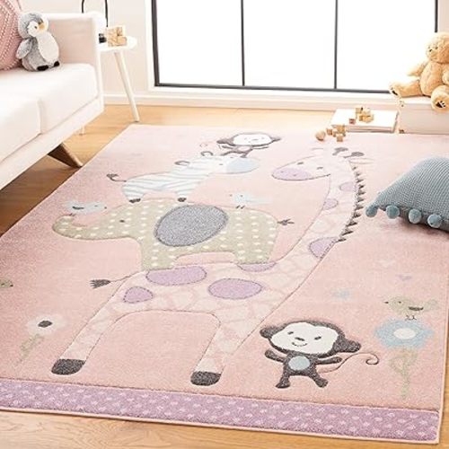 SAFAVIEH Carousel Kids Collection Area Rug - 5'3" Square, Blush Pink, Animal Design, Ideal for High Traffic Area for Boys & Girls in Playroom, Nursery, Bedroom (CRK120U-5SQ)