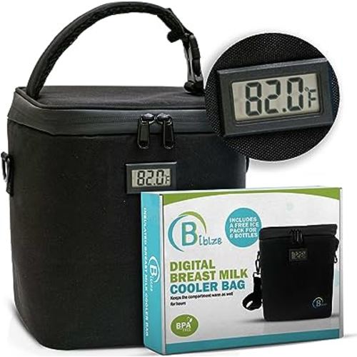 Biblze Breastmilk Cooler Bag with Digital Thermometer - Baby Bottle Cooler Bag with Ice Pack, Fits 6 Large 9 Ounce Baby Bottle - Baby Bottle Bag with Strap for Travel - Ideal for Nursing Mom, Daycare