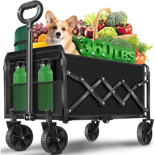 Wagons Carts Foldable, Collapsible Wagon, Foldable Wagon Cart with Wheels, Folding Wagons for Beach Camp Sports Garden, 2 Cup Holders/Lightweight Portable/Black/360 LBS