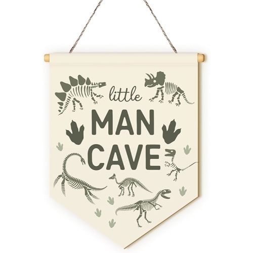 MOTERMATE Little Man Cave Nursery Sign Decor for Boys, Beige Dinosaur Dino Nursery Little Baby Boy Kids Toddler Room Front Door Wall Hanging Decor Decorations for Boys Bedroom Playroom, 8x10 Inch