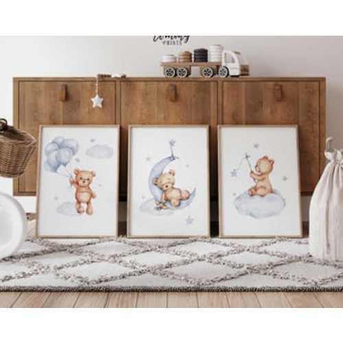 Teddy Bear Nursery Prints, Moon, Balloon, Cloud, Airplane Set of 3 - Etsy