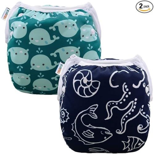 ALVABABY Swim Diapers 2pcs Baby & Toddler Snap One Size Reusable Adjustable Baby Swim Diapers for Swimming Lessons SW18-21