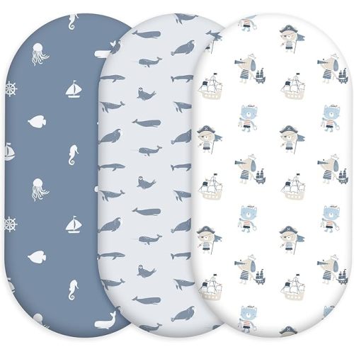 Bassinet Fitted Sheets, 3 Pack Baby Boy and Girl, Soft Breathable Stretchy Baby Pad/Mattress Sheet Set, Universal Fit for Hourglass Oval and Rectangle Bassinet Mattress（Blue Whale Ocean）