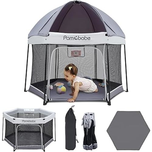Pamo Babe Travel Playpen with Sun Protection Canopy - Play Yard for Babies and Toddlers - Baby Tent with Zipper Door