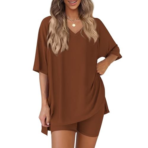 PRETTYGARDEN 2 Piece Sets for Women Summer 2026 Lounge Short Set Spring Matching Biker Shorts V Neck Oversized Shirt Clothing
