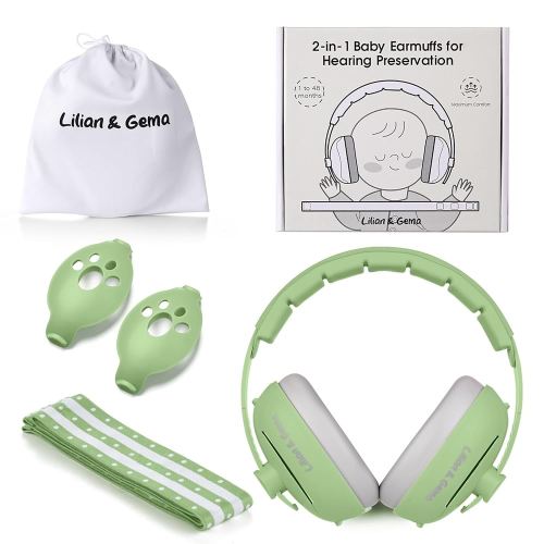 Lilian&Gema 2-in-1 Baby Ear Muffs Noise Protection, Adjustable Headphones with Stretchy Band, Noise Cancelling for Toddlers up to 4 Years, Airplane Essentials/Outdoor, Green