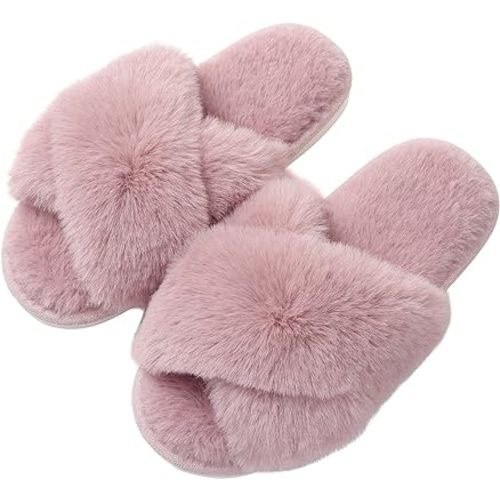 Evshine Women's Fuzzy Slippers Cross Band Memory Foam House Slippers Open Toe