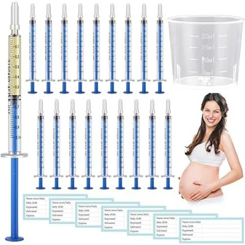 TrelaCo 100 Set 1 Ml Colostrum Collector Kit Include 100 Sterile Sealed Breast Milk Collector No Needle Colostrum Syringes 100 Stickers 1 Measuring Cup Collection for Breastmilk