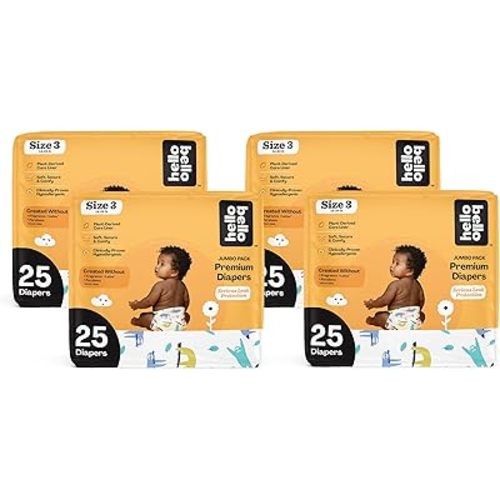 Hello Bello Premium Baby Diapers Size 3 I 25 Count of Disposable, Extra-Absorbent, Hypoallergenic Baby Diapers with Snug and Comfort Fit I Sleepy Sloth (Pack of 4)