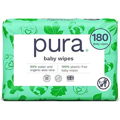Pura Natural Sensitive Baby Wipes, 99% Water, Unscented & Hypoallergenic, Suitable for Sensitive & Eczema-prone Skin, Fragrance Free & Hypoallergenic, EWG Verified, 3 x 60 per pack (180 Wipes)