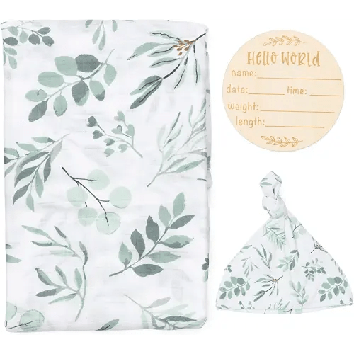 Organic Swaddle Blanket and Hat Set - Boho Baby Receiving Blanket Neutral - Soft Organic Cotton and Bamboo Muslin Swaddle Blanket, Eucalyptus Leaves, Birth Announcement Card, 47" x 47"