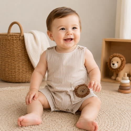 Carters Just One You Baby Boy Tan Striped Lion Romper Size 9M New
