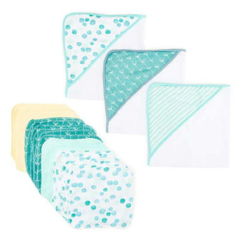 Spasilk Bath Hooded Towels & Washcloths Set for Newborn Infants, 23-Piece Gift Set, Green Dots