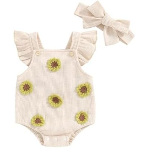 Fanvereka Newborn Baby Girls Rainbow Rompers Sleeveless Summer Ruffle Bodysuit Denim Rib Jumpsuit Headwear 2pcs Outfit Set