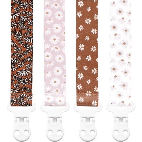 Baby Pacifier Clip Holder - Girl 4 Pack Gift Set – Boho Modern Neutral Flowers Floral (Daisy)