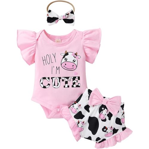 Tiny Cutey Baby Girl Clothes Infant Summer Outfits Set Ruffle Sleeve Romper and Floral Shorts with Headband - Pink Cute Cow - 0-3 Months