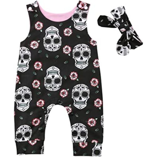 Muasaaluxi Newborn Baby Girls Boys Skull Floral Romper Jumpsuit Sleeveless Bodysuit Playsuit Headband Halloween Outfit