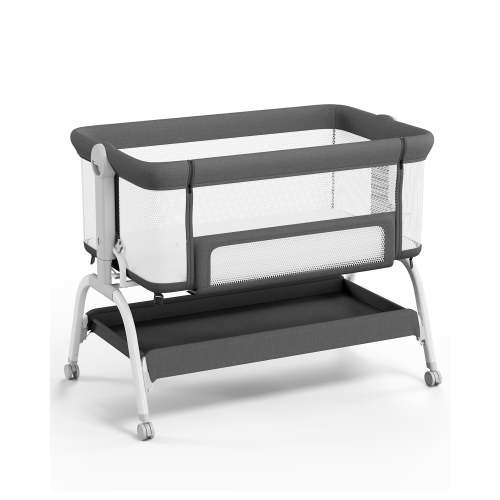 Babyomi 3 In 1 Baby Bassinet, Portable Playard With Storage Basket and Wheels, Adjustable Height Bassinet Bedside Sleeper, Easy Folding Portable Crib for Newborn, Grey