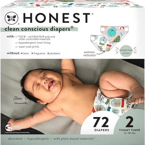 The Honest Company Clean Conscious Diapers | Plant-Based, Sustainable | Winter '24 Limited Edition Prints | Club Box, Size 2 (12-18 lbs), 72 Count
