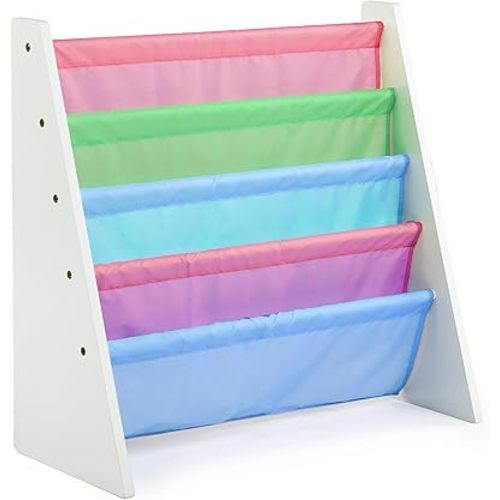 Humble Crew 4-Tier Kids Bookshelf, White Wood/Pastels - Premium Book Shelf for Kids Rooms with Four Deep Pockets - Toddler Sling Book Rack with Deep Sleeves, Nursery Bookcase Organizer