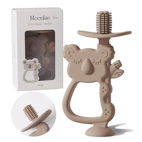Moonkie Teething Toy, Safe & Easy to Hold BPA Free Silicone Teethers, 360° Baby Toothbrush with Suction Base, Teether Toys Best for Babies 6-12 Months (Koala Warm Taupe)