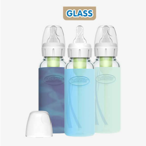Dr. Brown's Anti-Colic Options+ Narrow Glass Baby Bottles with Silicone Sleeves, Blue, Glow, Mint, BPA-Free, 8 oz/250 mL, 0m+, 3-Pack