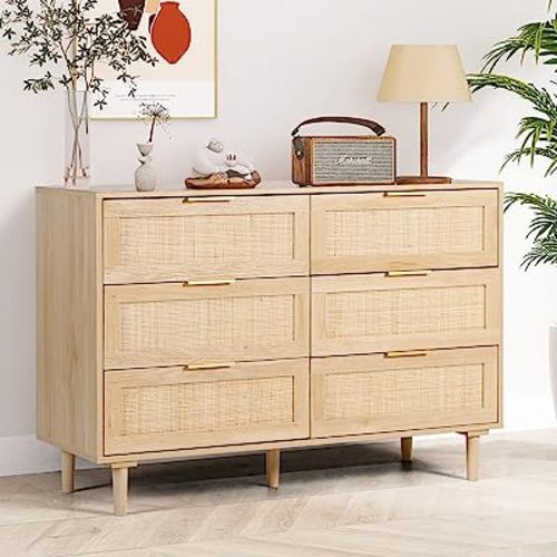 6 Drawer Dresser Rattan Dresser Modern Chest with Drawers,Wood Storage Closet Dressers Chest of Drawers for Bedroom,Living Room,Hallway (Natural)