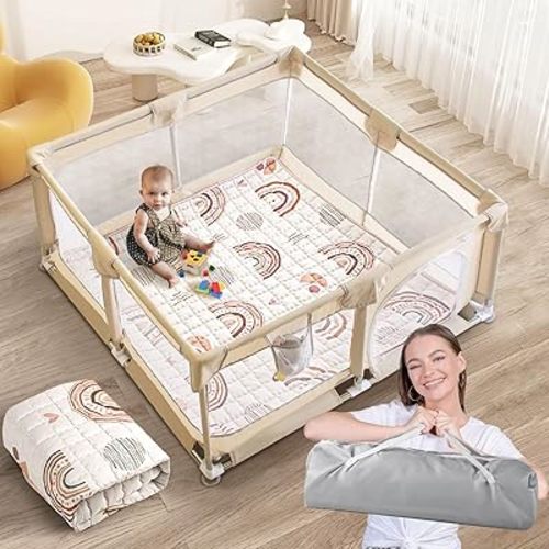 Baby Playpen with Mat, 50x50 Inch Playpens for Babies and Toddlers, Play Pen with Carrying Bag, Play Yard for Indoor and Outdoor with Visible Mesh(Beige Rainbow)