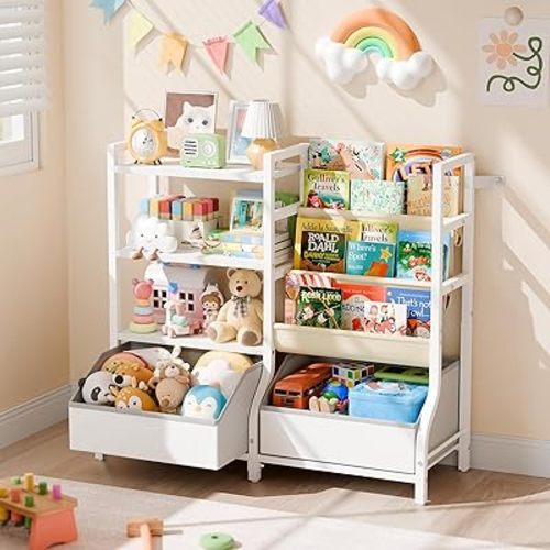 Kids Bookshelf and Toy Storage Organizer, 3 Tier Book shelf for Kids, Toddler Bookshelves, Kids Bookcase, Montessori Bookshelf with 2 Storage Bins for Kids Room, Playroom, Nursery, Livingroom