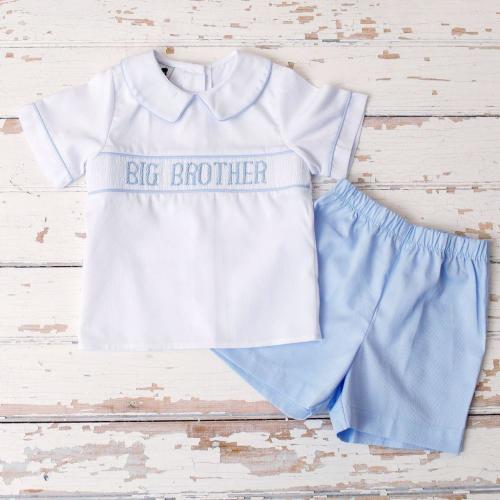 Boys Smocked Big Brother Shirt and Blue Shorts Set 2-Piece Outfit