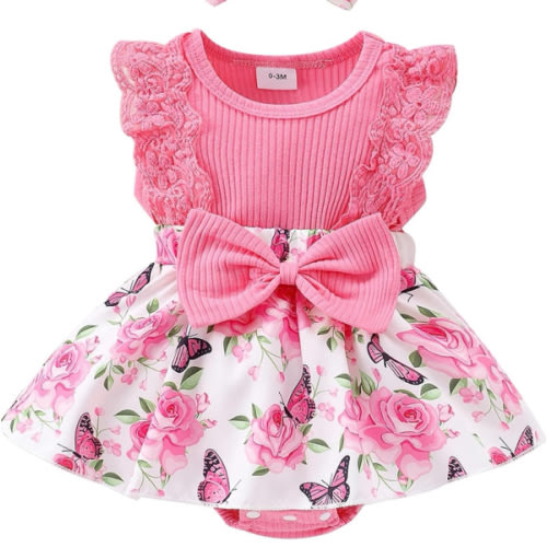 (9-12m) Baby Girl Clothes Newborn Romper Dress Infant Lace Ruffle Sleeveless Summer Outfits with Headband