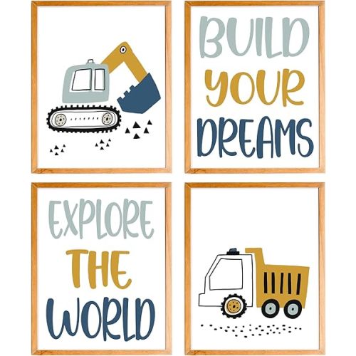 BearCake Construction Decor for Boys Room, Cartoon Excavator Truck Wall Art Poster Prints, Construction Wall Decor for Toddler Boy Room Playroom Nursery Set of 4 8x10 Inches Unframed