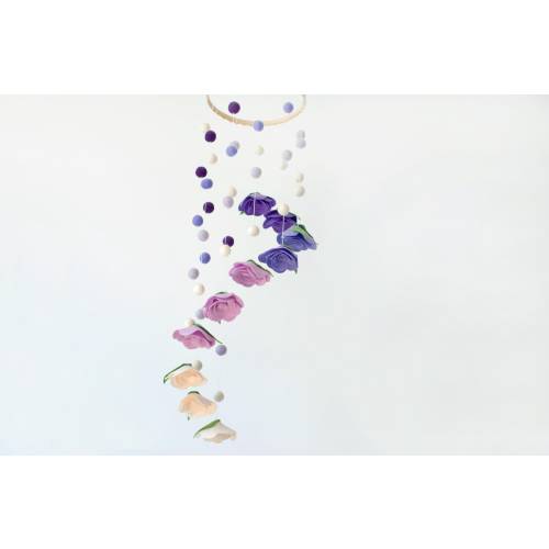 Felt flower mobile, Purple floral mobile bebe, Girl nursery mobile, Baby crib mobile, Felt hanging mobile, Custom mobile, Felt ball mobile