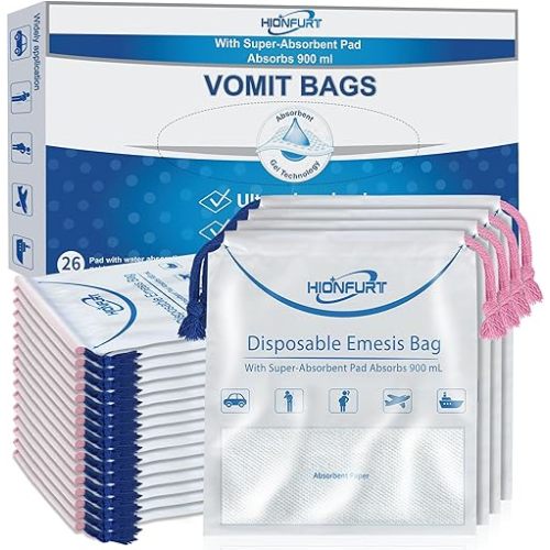 Absorbent Vomit Bag Disposable,26Pcs Emesis Bags-Turns Vomit into Gel,Leak Resistant Barf Bag,900ml Portable Nausea Bags for Travel Motion Sickness,Pregnancy,Kids,Taxi,car
