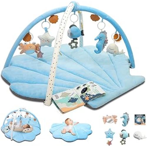 Baby Play Gym Mat, Oversize Tummy Time Activity Mat for Babies 0-6 Months, Shells Shaped Baby Play Mat with 6 Detachable Toys, Baby Mat for Floor Sensory Exploration Motor Skill Development (Blue)