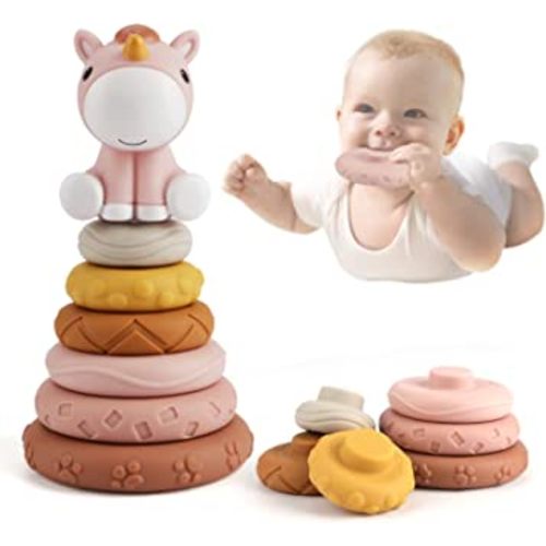 Nueplay 7 Pcs Stacking & Nesting Baby Toys, Squeeze Teething Baby Toys and Building Circle with Pink Horse Figure, Early Educational for 6 12 18 Months Baby Toddler Boys Girls