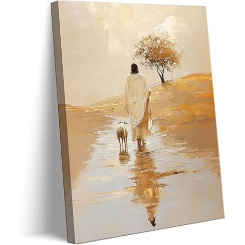 Jesus Leaving 99 Sheep Canvas Wall Art Jesus And Lamb Wall Decor Picture Christ The Good Shepherd Lost Lamb In Poster Print for Living Room Bedroom Church Home Room Decoration Prepare To Hang