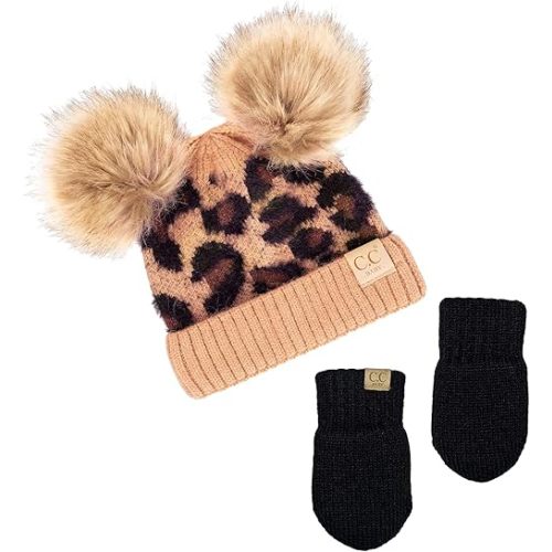 Funky Junque Baby Pom Beanie & Fleece Mittens Set - Warm Winter Essentials - Spring Colors, Classic Neutrals, Pattern Styles